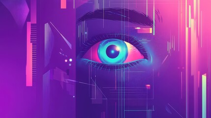 Digital eye watching futuristic cyberpunk scene with neon light