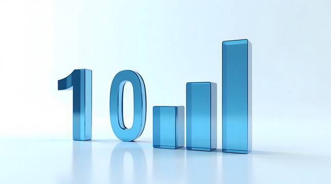 Blue Glass Number 10 and 3D Bar Chart on White Background: Data, Progress, and Success