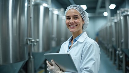 Young female technician in white lab coat, hairnet, protective gloves smiles warmly. Holds modern digital tablet in clean, advanced food production plant. Woman actively inspects large stainless