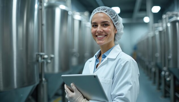 Young female technician in white lab coat, hairnet, protective gloves smiles warmly. Holds modern digital tablet in clean, advanced food production plant. Woman actively inspects large stainless