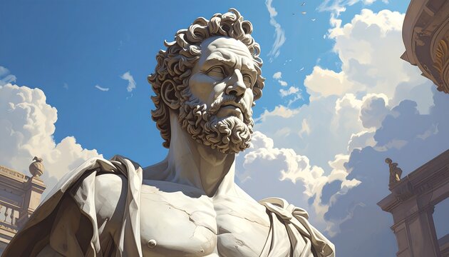 Close-up of a classical statue, blue sky background