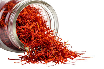 Fototapeta premium Premium saffron threads spill from glass jar, a vibrant spice. isolated on transparent background