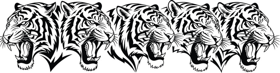 Tiger head vector set, black and white illustration, fierce animal graphic, aggressive expression design, wild predator icon, symmetrical tattoo template