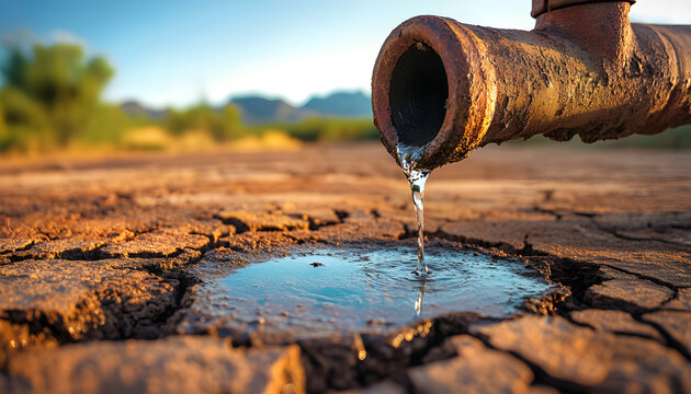 Illustration of water drop from tap above cracked earth. Concept of drought climate change, water scarcity visualized. Global