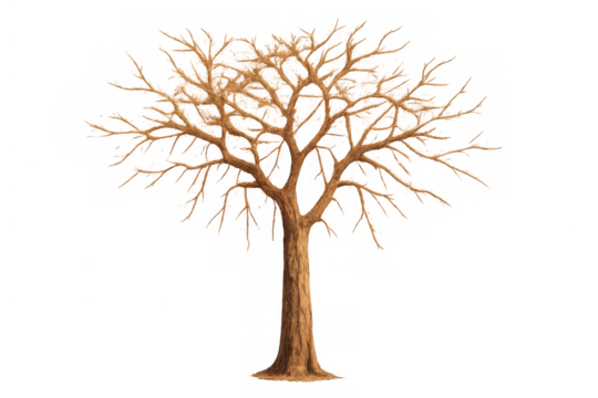 Describing a leafless brown tree with bare branches during autumn or winter, isolated on a transparent background