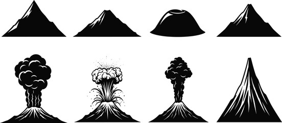 Volcano silhouette vector set, black and white illustration, erupting and dormant types, geological icon template, nature explosion design, landscape artwork