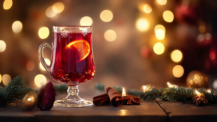 Glass of hot mulled wine with festive mood on softly glowing background