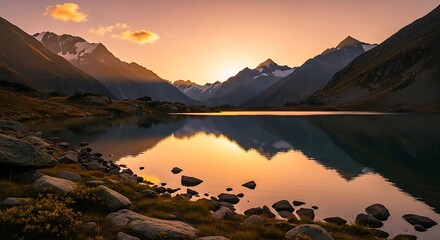Serene mountain lake reflects golden sunrise light illuminating snowy peaks.