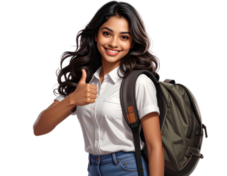 Happy female student with a backpack gives thumbs-up, ready for college, isolated on a transparent background.
