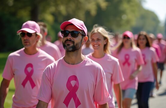 Many diverse people walk outdoors for breast cancer awareness. Wear pink shirts with ribbon logo, caps. Men, women participate in supportive community event on warm sunny day. Crowd shows unity,