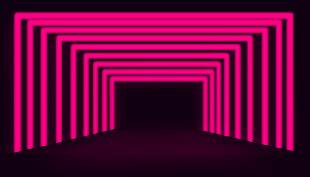Glowing pink neon tunnel with geometric lines on dark background perspective view. . High quality photo