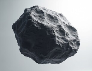 Obraz premium Cratered asteroid drifts in void. Its rough texture and ancient surface features suggest cosmic origins. Dark space rock orbits, showing impacts and geological detail.