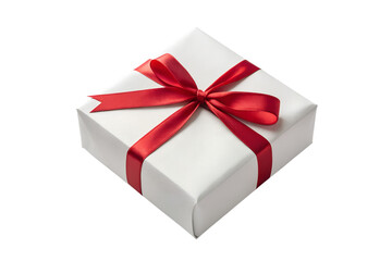Fototapeta premium White Gift Box with Red Satin Ribbon Bow on White Background