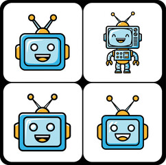 Cute robot television characters with smiling screens,  Funny TV robot mascots with antennas and buttons,  Playful retro screen characters for tech themes