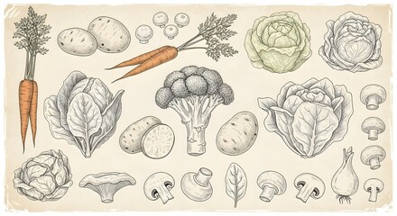 Vintage-Style Vegetable Sketch Collection Featuring Carrots, Potatoes, Broccoli, Cabbage, and Mushrooms
