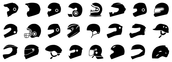Motorcycle helmet icons. Set of different car helmet icons. Simple vehicle helmet signs. Black helmet icons
