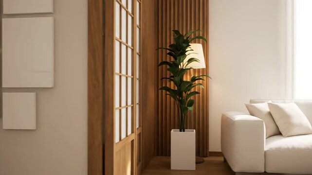 Modern living room with a white sofa, plant, and wooden wall paneling