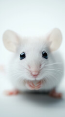 A small white mouse looks directly at the camera with bright eyes.
