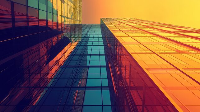 Urban skyscrapers reflecting colorful sunset in glass windows