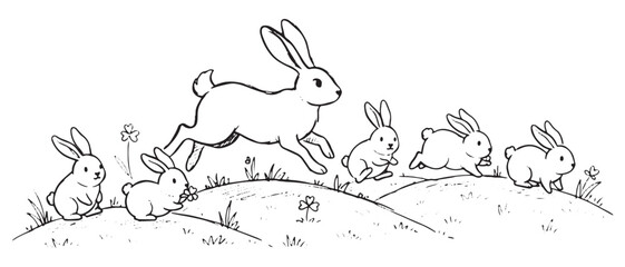 A group of rabbits are running together. The rabbits are all different sizes and are scattered throughout the scene. The image has a playful and energetic mood, as the rabbits are running