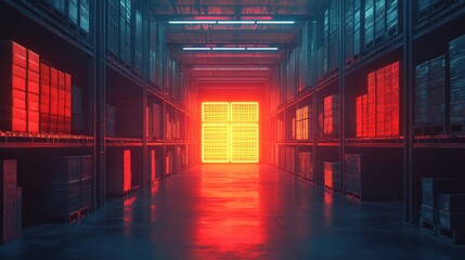 Futuristic server warehouse with glowing data center portal