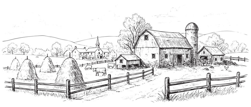 The image is a black and white drawing of a farm scene. The farmhouse is situated in the middle of the field, with a barn and a few trees in the background. There are also a few animals, such as cows