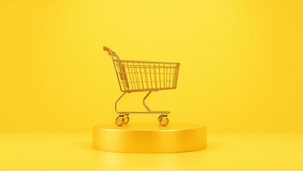 Golden shopping cart on a pedestal against a bright yellow background
