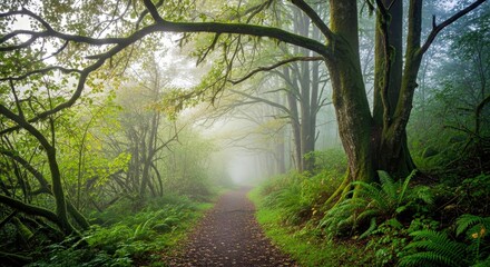 Obraz premium Ethereal Misty Forest Path Tranquil Nature Scene with Diffused Light-