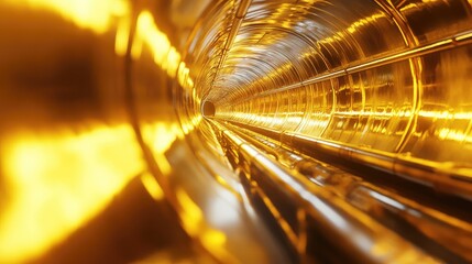 Golden futuristic tunnel with glowing light pipes