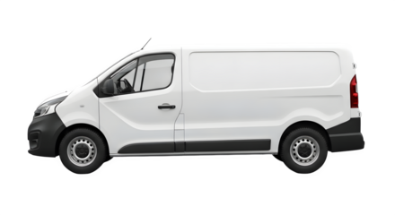 Modern white cargo van with sliding side door and rear doors isolated on transparent background