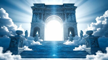 Grand stone archway with stairs leading up to bright light through clouds, representing heaven or afterlife - Powered by Adobe