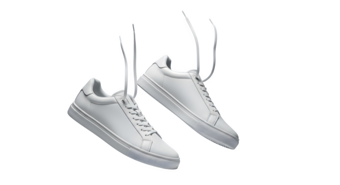 Pair of clean white leather low top sneakers with white laces hanging isolated on transparent background