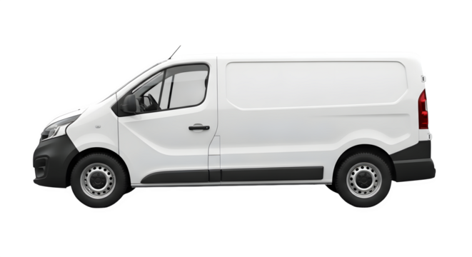 Modern white cargo van with sliding side door and rear doors isolated on transparent background