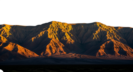 Dramatic mountain range illuminated by golden hour sunlight casting long shadows isolated on transparent background