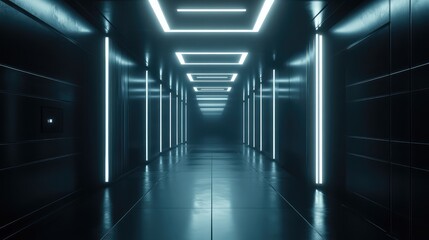 Futuristic corridor with glowing neon light technology