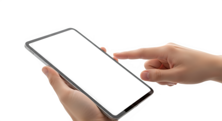 Close up of a person s hands holding and touching a modern smartphone screen isolated on transparent background