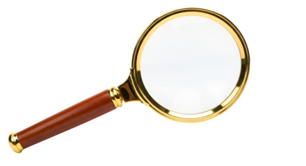 A classic antique magnifying glass with a polished wooden handle and golden rim isolated on transparent background