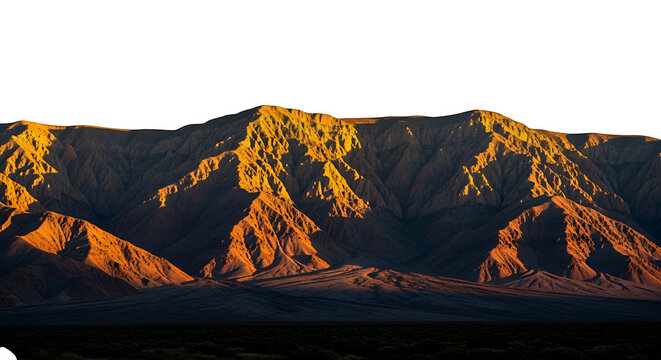 Dramatic mountain range illuminated by golden hour sunlight casting long shadows isolated on transparent background - Powered by Adobe