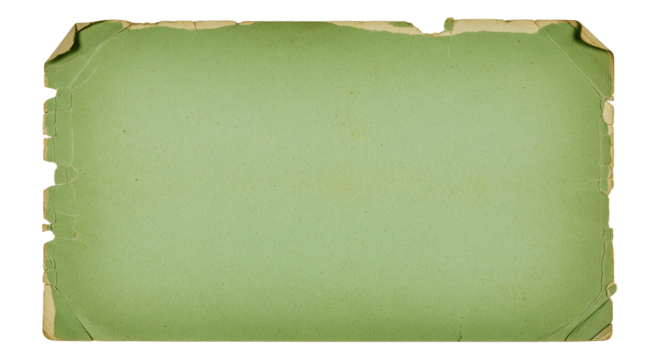 A distressed vintage light green paper texture with torn and frayed edges isolated on transparent background
