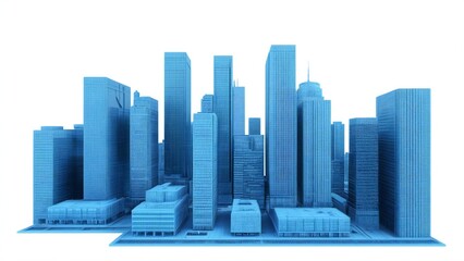 Blue futuristic cityscape with modern skyscrapers on white background
