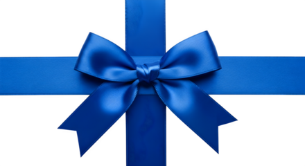 A vibrant blue satin ribbon tied into a decorative bow on a black background isolated on transparent background