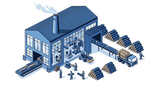 Dynamic isometric illustration of a modern lumber mill with logs being processed and loaded onto a truck, ideal for industrial concepts