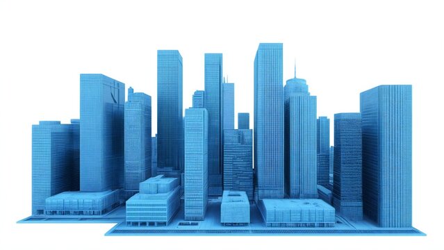 Blue futuristic cityscape with modern skyscrapers on white background