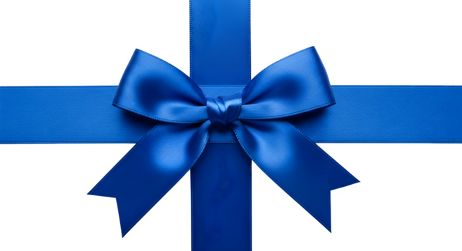 A vibrant blue satin ribbon tied into a decorative bow on a black background isolated on transparent background - Powered by Adobe