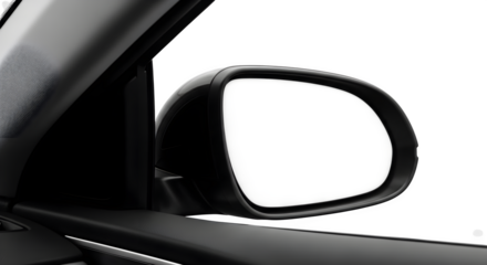 Close up of a car s side view mirror with reflective surface showing a dark interior isolated on transparent background