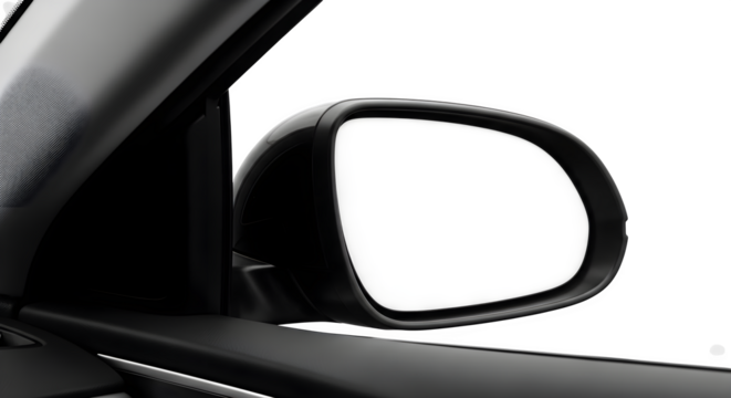 Close up of a car s side view mirror with reflective surface showing a dark interior isolated on transparent background