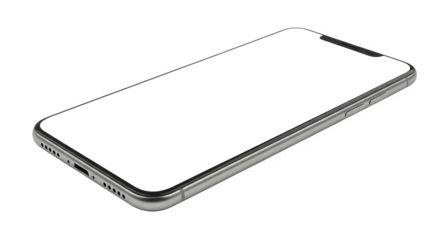 Modern smartphone with a blank white screen tilted on a transparent background isolated on transparent background