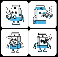 Four funny milk carton robots with blue liquid inside,  Cute mechanical drink box characters with hoses and bubbles,  Playful robot mascots shaped like milk containers