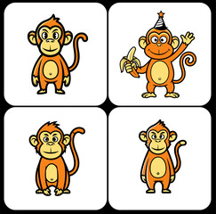 Four playful cartoon monkeys holding bananas,  Funny jungle monkey characters in different poses,  Cute banana loving monkeys for kids designs