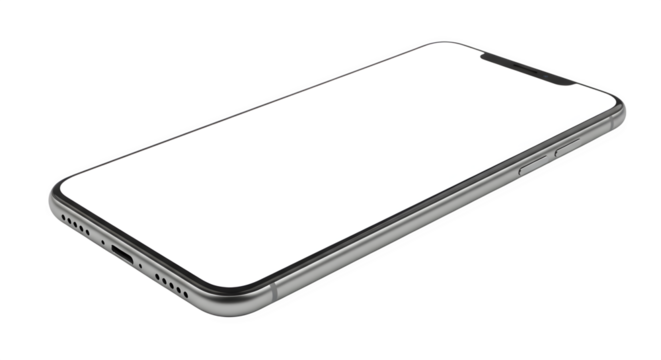 Modern smartphone with a blank white screen tilted on a transparent background isolated on transparent background